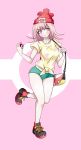  1girl absurdres bag blush breasts cosplay costume crossover dangan_ronpa green_shorts hat highres mizuki_(pokemon) moon_(pokemon) nanami_chiaki open_mouth pink_eyes pink_hair pokemon pokemon_(game) pokemon_sm red_headwear shirt shoes short_hair short_shorts short_sleeves shorts skirt solo super_dangan_ronpa_2 t-shirt tobyllitos 