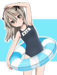  1girl bangs black_ribbon blue_background blue_swimsuit brown_eyes character_name chestnut_mouth cowboy_shot girls_und_panzer hair_ribbon highres holding holding_innertube innertube leaning_to_the_side light_blush light_brown_hair long_hair looking_at_viewer name_tag one-piece_swimsuit one_side_up outline ribbon ruruepa school_swimsuit shimada_arisu solo standing stretch swimsuit translated white_outline 