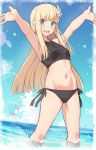  1girl bangs bare_arms bare_shoulders bikini black_bikini blonde_hair clouds commentary_request day eyebrows_visible_through_hair fate/grand_order fate_(series) flower hair_flower hair_ornament in_water long_hair looking_at_viewer navel open_mouth outdoors reines_el-melloi_archisorte shiseki_hirame side-tie_bikini solo standing stretch swimsuit teeth white_flower 