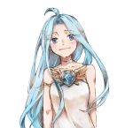  1girl ahoge blue_eyes blue_hair closed_mouth commentary_request dress granblue_fantasy light_blush long_hair looking_at_viewer lyria_(granblue_fantasy) michibata_65 simple_background smile solo very_long_hair white_background white_dress 