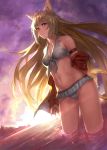  1girl ahoge animal_ears armband atalanta_(fate) bikini braid breasts brown_hair cat_ears cat_tail clouds cloudy_sky commentary_request dutch_angle fate/grand_order fate_(series) french_braid frilled_bikini frills gradient_hair green_eyes hair_between_eyes highres jacket jacket_removed lighthouse long_hair medium_breasts mountainous_horizon multicolored_hair navel peperon_(peperou) purple_sky red_jacket sky smile solo swimsuit tail two-tone_hair wading water 