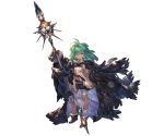  1girl bandages boots cape dark_skin granblue_fantasy green_eyes green_hair hair_over_one_eye kolulu_(granblue_fantasy) looking_at_viewer messy_hair minaba_hideo navel official_art polearm skirt solo spear torn_clothes weapon 