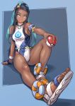  1girl aqua_eyes aqua_hair arm_support blue_hair commentary_request competition_swimsuit dark_skin earrings feet highres holding holding_poke_ball hoop_earrings jewelry kilye_4421 legs long_hair looking_at_viewer multicolored_hair one-piece_swimsuit poke_ball poke_ball_(generic) pokemon pokemon_(game) pokemon_swsh rurina_(pokemon) sandals smile solo swimsuit two-tone_hair 