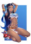  1girl adjusting_hair arched_back armlet armpits arms_behind_head belly_chain between_thighs black_hair blue_eyes blue_hair breasts clothes_writing covered_nipples dark_skin daydream_(zhdkffk21) earrings eyeshadow full_body gloves hair_ornament highres hoop_earrings jewelry long_hair looking_at_viewer makeup medium_breasts multicolored_hair navel necklace parted_lips pokemon pokemon_(game) pokemon_swsh rurina_(pokemon) seiza shoes single_glove sitting sneakers solo stomach swimsuit tankini thighs very_long_hair 