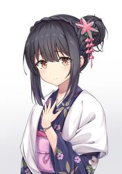  1girl absurdres bangs black_hair blush breasts commentary_request eyebrows_visible_through_hair fate/grand_order fate/kaleid_liner_prisma_illya fate_(series) hair_between_eyes hair_bun hair_ornament hairclip hand_on_own_chest highres japanese_clothes kimono long_hair looking_at_viewer miyu_edelfelt simple_background small_breasts smile solo star star_hair_ornament upper_body white_background y3010607 