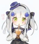  1girl bangs black_bow black_hairband black_skirt blue_headwear blush bow bubble_tea checkered checkered_bow closed_mouth collared_shirt commentary cup disposable_cup drinking drinking_straw eyebrows_visible_through_hair facial_mark girls_frontline green_eyes grey_background hair_bow hair_ornament hairband hat heart highres hk416_(girls_frontline) holding holding_cup long_hair long_sleeves meow_nyang mini_hat shirt silver_hair simple_background skirt sleeves_past_wrists solo tilted_headwear twintails white_shirt 