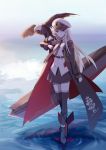 1girl absurdres azur_lane bald_eagle belt bird black_belt black_coat black_neckwear blue_sky boots breasts coat collared_shirt commentary day eagle english_commentary enterprise_(azur_lane) eyebrows_visible_through_hair hat highres large_breasts military military_hat miniskirt necktie ocean open_clothes open_coat outdoors peaked_cap rudder_footwear shirt silver_hair skirt sky sleeveless sleeveless_shirt solo suprii thigh-highs underbust violet_eyes white_headwear 