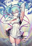  1girl arms_up blue_eyes blue_hair covered_navel cowboy_shot elbow_gloves gloves goodsmile_racing hair_between_eyes hatsune_miku headphones lantam leotard long_hair racing_miku racing_miku_(2014) solo thigh-highs twintails vocaloid white_gloves white_legwear white_leotard 