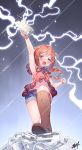  1girl arm_up baba_konomi bare_arms bare_shoulders beer_mug blue_eyes blue_scrunchie blue_shorts blush boots braid brown_footwear brown_hair brown_shirt commentary_request cup hair_ornament hair_scrunchie holding holding_cup idolmaster idolmaster_million_live! knee_boots kuri_choko lightning long_hair open_mouth sample scrunchie shirt short_shorts shorts signature single_braid sleeveless sleeveless_shirt solo two_side_up 