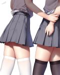  2girls artist_name black_legwear close-up grey_skirt highres multiple_girls original pleated_skirt shirt signature simple_background skindentation skirt standing thigh-highs white_background white_legwear white_shirt wsman zettai_ryouiki 