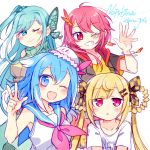  4girls ;) blonde_hair blue_hair bracelet butterfly_hair_ornament cangqiong chiyu_(synthesizer_v) dress fang feather_hair_ornament green_eyes green_hair hair_ornament hairclip haiyi haru.jpg hat highres jewelry long_hair multiple_girls one_eye_closed redhead sailor_collar sailor_dress shian_(synthesizer_v) shirt simple_background smile synthesizer_v t-shirt turtleneck upper_body v white_background 