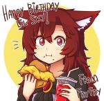  1girl :t animal_ear_fluff animal_ears bangs blush brooch brown_hair circle collarbone commentary_request cup disposable_cup dress drinking_straw english_commentary eyebrows_visible_through_hair eyelashes food food_on_face hair_between_eyes hamburger happy_birthday holding holding_cup holding_food imaizumi_kagerou jewelry long_hair long_sleeves looking_at_viewer mcdonald&#039;s nail_polish outline red_eyes red_nails simple_background smile solo touhou white_background white_dress white_outline wolf_ears wool_(miwol) 