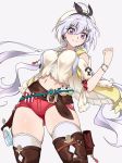 1girl atelier_(series) atelier_ryza boots breasts clenched_hand contrapposto cosplay emmxd325 grey_hair hair_between_eyes highres large_breasts long_hair midriff navel reisalin_stout reisalin_stout_(cosplay) senki_zesshou_symphogear skindentation smile solo thigh-highs thigh_boots thigh_pouch thighhighs_under_boots thighs vial violet_eyes white_background white_legwear yukine_chris 