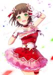  1girl 2019 :d amami_haruka arm_up bangs bare_shoulders blush bow breasts brown_hair character_name choker collarbone confetti cowboy_shot dress eyebrows_behind_hair flower gloves green_eyes hair_flower hair_ornament hand_up idolmaster idolmaster_cinderella_girls ittokyu looking_at_viewer open_mouth red_bow red_choker red_dress sidelocks signature simple_background small_breasts smile solo strapless strapless_dress white_background white_flower white_gloves 