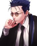  1boy black_neckwear black_suit blue_hair clenched_hand earrings fate_(series) formal glasses highres jewelry lancer long_hair long_sleeves male_focus necktie ponytail red_eyes samuraisamurai solo spiky_hair upper_body white_background 