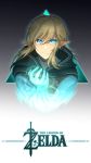  1boy absurdres black_cloak blonde_hair blue_eyes cloak commentary copyright_name earrings face hair_between_eyes highres jewelry link looking_at_viewer magic pointy_ears solo sweatdrop the_legend_of_zelda the_legend_of_zelda:_breath_of_the_wild triforce user_ywzu5538 