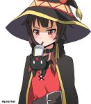  1girl :3 artist_name belt blush bubble_tea bubble_tea_challenge button_eyes cape cat choker chomusuke collar commentary creature drinking_straw drinking_straw_in_mouth hat highres kono_subarashii_sekai_ni_shukufuku_wo! looking_away looking_down masruu megumin red_eyes short_hair_with_long_locks simple_background upper_body v-shaped_eyebrows white_background witch_hat 