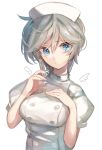  1girl alternate_costume anastasia_(idolmaster) blue_eyes grey_hair hair_between_eyes hand_on_own_chest hat highres idolmaster idolmaster_cinderella_girls nurse nurse_cap rum_raisin_(chihiromakita19) short_hair smile solo syringe upper_body white_background 