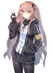  1girl absurdres arm_up black_jacket black_legwear black_skirt contrapposto dy_kai fingerless_gloves girls_frontline gloves hair_between_eyes hair_ornament hair_ribbon hairclip hand_in_pocket highres hood hooded_jacket jacket long_hair looking_at_viewer open_clothes open_jacket pantyhose pink_eyes pink_hair pleated_skirt ribbon shirt sidelocks simple_background skirt solo standing twintails ump9_(girls_frontline) v very_long_hair white_background white_shirt 