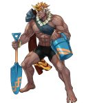  1boy alternate_costume barefoot dark_skin fire_emblem fire_emblem_heroes flower full_body helbindi_(fire_emblem_heroes) highres horn_ornament jewelry leaf male_focus multicolored_hair necklace official_art orange_hair red_eyes scar shovel solo swimsuit teeth transparent_background two-tone_hair white_hair 