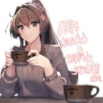  brown_eyes brown_hair cup elbows_on_table flower hair_flower hair_ornament kantai_collection long_hair official_art ponytail shizuma_yoshinori simple_background smile sweater yamato_(kantai_collection) 