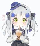  1girl bangs black_bow black_hairband black_skirt blue_headwear blush bow bubble_tea checkered checkered_bow closed_mouth collared_shirt commentary cup disposable_cup drinking drinking_straw eyebrows_visible_through_hair facial_mark girls_frontline green_eyes grey_background hair_bow hair_ornament hairband hat heart highres hk416_(girls_frontline) holding holding_cup long_hair long_sleeves meow_nyang mini_hat revision shirt silver_hair simple_background skirt sleeves_past_wrists solo tilted_headwear twintails white_shirt 