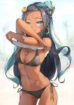  1girl :o absurdres armlet bangs bikini black_bikini black_hair blue_eyes blue_hair breasts cowboy_shot dark_skin earrings glint gloves groin hair_bun highres hoop_earrings jewelry lee_seok_ho long_hair looking_at_viewer multicolored_hair navel necklace poke_ball pokemon pokemon_(game) pokemon_swsh rurina_(pokemon) sapphire_(gemstone) sidelocks single_glove solo stomach swimsuit thighs toned two-tone_hair undressing 