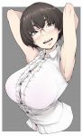  1girl armpits arms_up black_hair bra bra_peek bra_through_clothes breasts commentary_request glasses grey_eyes highres huge_breasts ina_(gokihoihoi) open_mouth original purple_bra see-through shirt short_hair sleeveless sleeveless_shirt smile solo underwear upper_body 