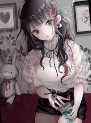  1girl bangs black_hair black_skirt brown_eyes drink drinking_straw ear_piercing earrings eyebrows_visible_through_hair hair_ornament hairclip head_tilt heart highres jewelry looking_at_viewer original piercing sakura_mochiko see-through sitting skirt solo stuffed_animal stuffed_toy upper_body 