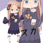  1girl abigail_williams_(fate/grand_order) bangs bendy_straw black_bow black_dress black_footwear blonde_hair bloomers blue_eyes bow bubble_tea bubble_tea_challenge bug butterfly chibi commentary cup disposable_cup dress drinking_straw empty_eyes fate/grand_order fate_(series) forehead hair_bow hands_up highres insect long_hair long_sleeves mouth_hold no_hat no_headwear orange_bow parted_bangs polka_dot polka_dot_bow purple_background shoes sleeves_past_fingers sleeves_past_wrists solo su_guryu translated two-tone_background underwear very_long_hair white_background white_bloomers zoom_layer 