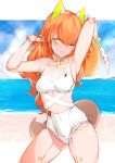  1girl absurdres android arms_up bare_arms bare_shoulders beach blue_sky blush braid casual_one-piece_swimsuit choumi_wuti_(xueye_fanmang_zhong) closed_mouth clouds cloudy_sky collarbone copyright_request covered_navel day green_eyes groin headgear highres horizon long_hair ocean one-piece_swimsuit one_eye_closed orange_hair robot_joints sand sky solo swimsuit tail very_long_hair virtual_youtuber water white_swimsuit 