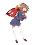  1girl backpack bag bag_charm blue_serafuku blue_skirt brown_eyes brown_footwear brown_hair charm_(object) dungeon_ni_deai_wo_motomeru_no_wa_machigatteiru_darou_ka full_body highres liliruca_arde looking_at_viewer open_mouth randoseru school_uniform serafuku shoes skirt smile solo standing thigh-highs tilted_headwear white_headwear white_legwear winbee_(selkie) 