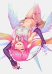  1girl angel_wings arqa breasts bridal_gauntlets commentary crop_top feathered_wings gloves gradient_eyes gradient_hair jibril_(no_game_no_life) long_hair looking_at_viewer low_wings midriff multicolored multicolored_eyes multicolored_hair navel no_game_no_life open_mouth orange_eyes pink_hair sideboob single_thighhigh smile solo thigh-highs very_long_hair wing_ears wings yellow_eyes 