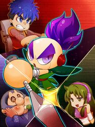  1girl 3boys antennae bandages blue_eyes blue_hair blush bodysuit breasts bright_pupils chair chairoino_ino clenched_teeth dango ebisumaru facepaint fishnet_armwear fishnet_bodysuit fishnets food food_in_mouth ganbare_goemon goemon green_eyes green_hair hands_on_own_cheeks hands_on_own_face headset japanese_clothes kimono konami kunai long_hair makeup mask mechanical_hands multiple_boys ninja open_mouth purple_hair reverse_grip robot robot_ears sash sasuke_(ganbare_goemon) shine short_kimono shoulder_pads smile spiky_hair split_image teeth thick_eyebrows topknot violet_eyes wagashi weapon wristband yae_(ganbare_goemon) 