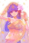  1girl breasts c_f_lanteon commentary_request earrings fate/grand_order fate_(series) flower hair_flower hair_ornament hair_ribbon head_tilt indian_clothes jewelry large_breasts leaf long_hair looking_at_viewer matou_sakura midriff navel necklace parvati_(fate/grand_order) purple_hair ribbon ring see-through shawl smile solo thumb_ring violet_eyes 