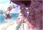  alternate_costume bikini braid cain_(granblue_fantasy) closed_eyes eel erune eyeshadow granblue_fantasy grin hair_ornament hakutaku_(granblue_fantasy) hood hoodie leonora_(granblue_fantasy) long_hair makeup mishima_hiroji parasol pholia sand shawl short_hair smile sweatdrop swimsuit twitter_username umbrella very_long_hair water 