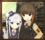  2girls absurdres american_flag armband artist_request brown_eyes brown_hair building bulletproof_vest eyebrows_visible_through_hair girls_frontline green_eyes hat highres hk416_(girls_frontline) loli m16a1_(girls_frontline) military_jacket multiple_girls no_eyepatch photo radio silver_hair tactical_clothes top_hat v younger 