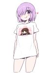  1girl :q blush_stickers breasts chan_co eyebrows_visible_through_hair fate/grand_order fate_(series) hair_over_one_eye heart looking_at_viewer mash_kyrielight purple_hair shirt short_hair simple_background smile solo t-shirt tongue tongue_out violet_eyes white_background 