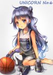  1girl alternate_costume azur_lane basketball basketball_uniform blue_background dallas_mavericks highres long_hair national_basketball_association purple_hair shoes shoes_removed sneakers sportswear stuffed_animal stuffed_toy unicorn_(azur_lane) violet_eyes yakkuro 