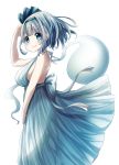  1girl alternate_costume aqua_eyes backless_dress backless_outfit bangs blush breasts commentary_request cowboy_shot dress eyebrows_visible_through_hair from_side hair_blowing hair_ribbon halter_dress hand_on_own_head hand_on_own_thigh head_tilt highres konpaku_youmu konpaku_youmu_(ghost) large_breasts looking_at_viewer pegashi ribbon short_hair silver_hair simple_background smile solo standing touhou white_background wind wind_lift 