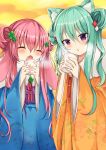  2girls animal_ear_fluff animal_ears bangs blue_kimono blush brown_kimono chestnut_mouth closed_eyes commentary_request cup disposable_cup double_bun eyebrows_visible_through_hair floral_print fur_collar green_hair hair_between_eyes hair_ornament holding holding_cup japanese_clothes kimono long_hair long_sleeves maki_soutoki multiple_girls obi open_mouth original parted_lips pink_hair print_kimono purple_ribbon red_ribbon ribbon sash side_bun sidelocks sleeves_past_wrists very_long_hair violet_eyes wide_sleeves 