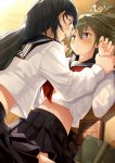  2girls black_hair black_sailor_collar black_skirt blue_eyes blush book brown_hair eye_contact giba_(out-low) hair_between_eyes highres long_hair long_sleeves looking_at_another lying midriff miniskirt multiple_girls navel neckerchief on_back open_mouth original parted_lips pleated_skirt red_neckwear sailor_collar saliva saliva_trail school_uniform serafuku shirt skirt stomach white_shirt wrist_grab yuri 