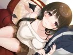 1girl breasts brown_eyes brown_hair brown_skirt collarbone couch demon_girl demon_tail hair_ornament hair_scrunchie hayakawa_akari highres holding_arm indoors jacket large_breasts long_hair looking_at_viewer official_art pillow ribbed_sweater scrunchie sitting skirt succubus sweater tail 