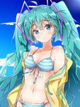  1girl absurdres aqua_eyes aqua_hair bikini blue_sky blush breasts clouds cloudy_sky collarbone commentary expressionless groin hair_ornament harukawa_(hal501) hatsune_miku highres jacket jacket_removed long_hair looking_at_viewer midriff navel sky small_breasts solo striped striped_bikini swimsuit twintails upper_body very_long_hair vocaloid 