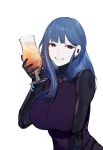  1girl bangs blue_hair breasts cup drinking_glass duoyuanjun eyebrows_visible_through_hair highres holding kira_miki large_breasts long_hair looking_at_viewer red_eyes simple_background smile solo teeth upper_body va-11_hall-a white_background 