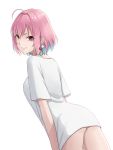  1girl 243365406 ahoge blue_hair closed_mouth cowboy_shot earrings from_behind hair_between_eyes hair_intakes highres idolmaster idolmaster_cinderella_girls jewelry looking_at_viewer looking_back multicolored_hair naked_shirt pink_eyes pink_hair shiny shiny_hair shirt short_hair short_sleeves simple_background solo standing two-tone_hair white_background white_shirt yumemi_riamu 