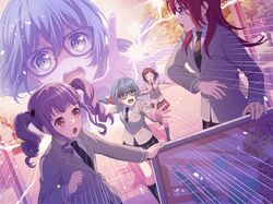 4girls asahi_rokka bang_dream! blue_hair dress glasses green_eyes hazawa_tsugumi long_hair official_art school_uniform sisters sunset sweatdrop udagawa_ako udagawa_tomoe