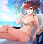  1girl anna_(fire_emblem) beach belly_button bikini breasts cute fire_emblem fire_emblem_heroes highres intelligent_systems kokouno_oyazi long_hair looking_at_viewer navel nintendo one_eye_closed open_mouth ponytail red_eyes redhead simple_background smile solo summer sunglasses super_smash_bros. swimsuit 