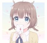  1girl antlers bangs blue_eyes braid brown_hair covering_mouth highres holding holding_letter horns kano_(singer) letter looking_at_viewer petals ribbon short_hair solo twin_braids twintails 