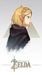  1girl absurdres bangs blonde_hair braid cloak commentary copyright_name crown_braid from_side green_eyes hair_ornament hairclip highres parted_bangs pointy_ears princess_zelda short_hair solo the_legend_of_zelda the_legend_of_zelda:_breath_of_the_wild triforce user_ywzu5538 